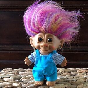 Vintage Treasure Trolls rainbow hair with overalls